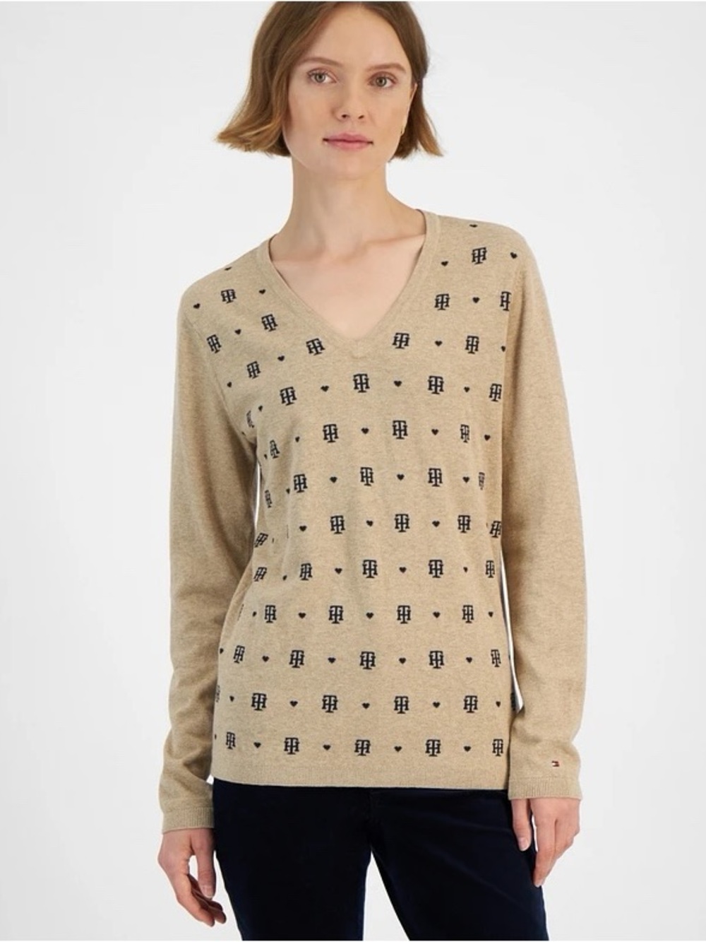 Tommy Hilfiger Women's Beige Light Fawn Cotton Logo Print V Neck Sweater Size XL